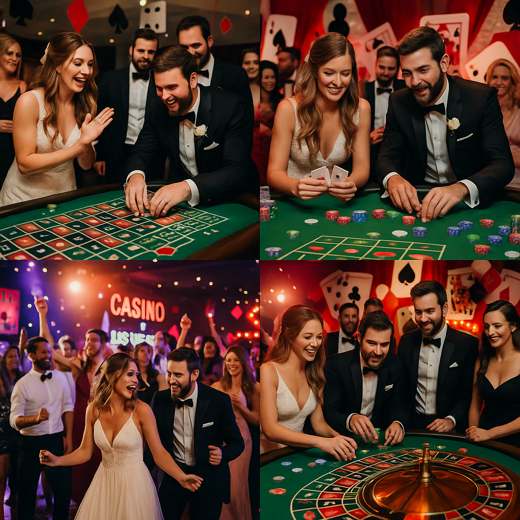 Elegant casino night setup with roulette table and guests in formal attire